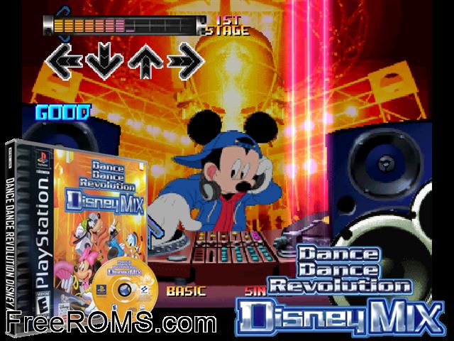 Dance Dance Revolution - Disney Mix PSX game showing 3D box cover and gameplay screenshot