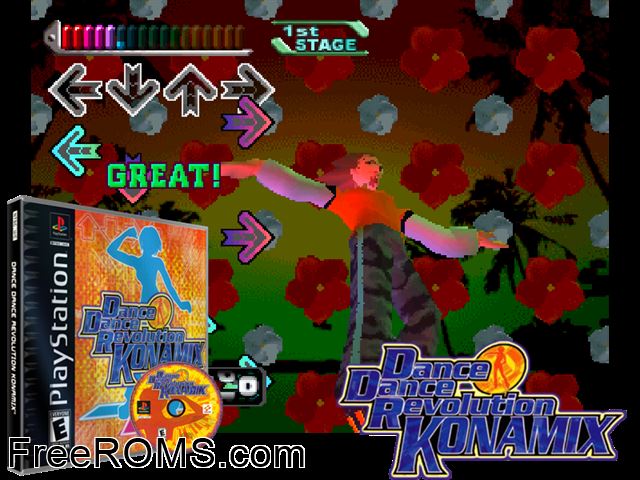Dance Dance Revolution - Konamix PSX game showing 3D box cover and gameplay screenshot