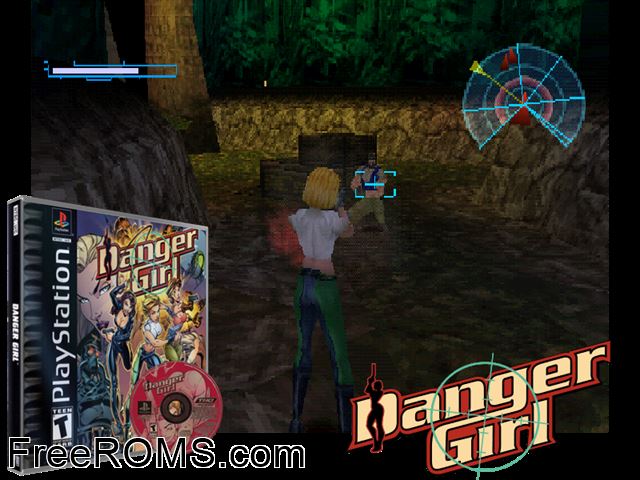 Danger Girl PSX game showing 3D box cover and gameplay screenshot
