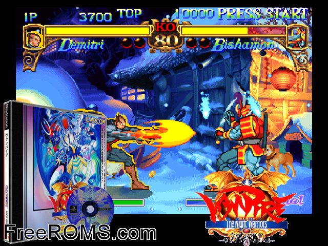 Darkstalkers - The Night Warriors PSX game showing 3D box cover and gameplay screenshot