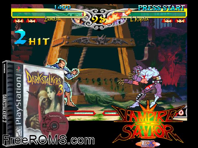 Darkstalkers 3 PSX game showing 3D box cover and gameplay screenshot