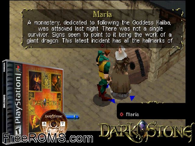 Darkstone PSX game showing 3D box cover and gameplay screenshot