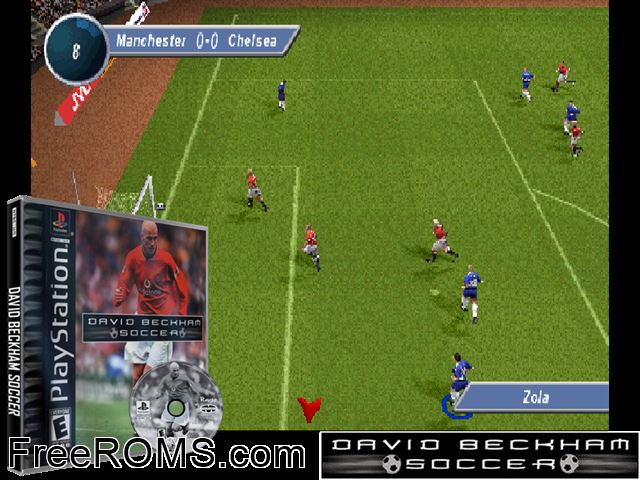 David Beckham Soccer PSX game showing 3D box cover and gameplay screenshot