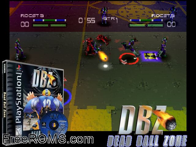 Dead Ball Zone PSX game showing 3D box cover and gameplay screenshot