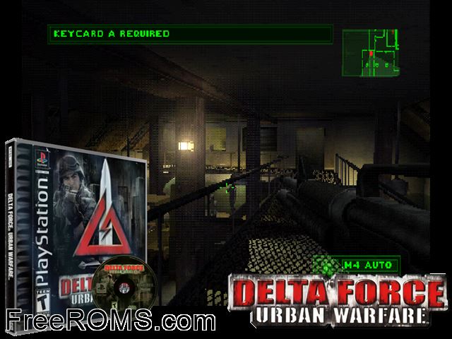 Delta Force - Urban Warfare (En,Fr,Es) PSX game showing 3D box cover and gameplay screenshot