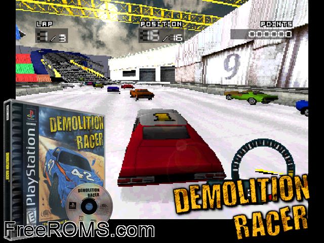 Demolition Racer PSX game showing 3D box cover and gameplay screenshot