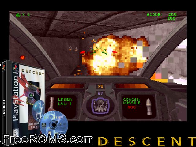 Descent PSX game showing 3D box cover and gameplay screenshot