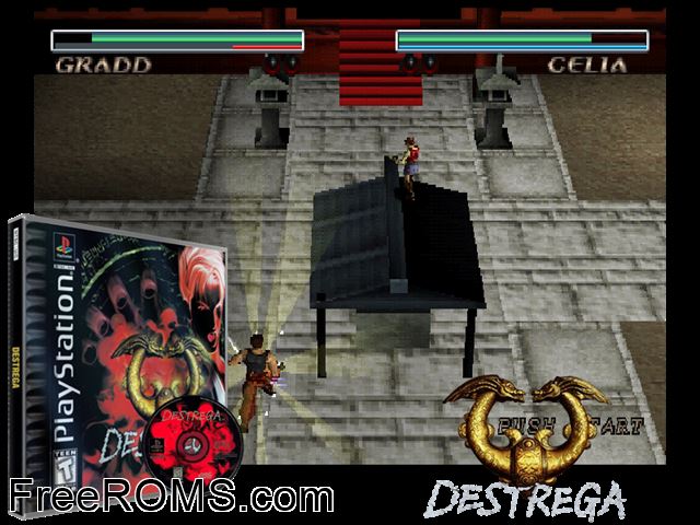 Destrega PSX game showing 3D box cover and gameplay screenshot