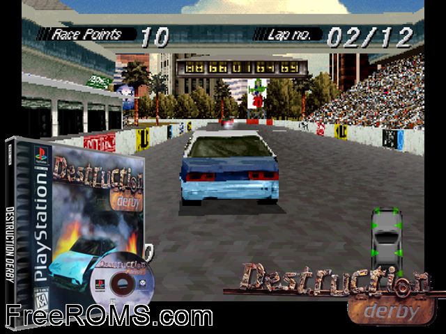 Destruction Derby PSX game showing 3D box cover and gameplay screenshot