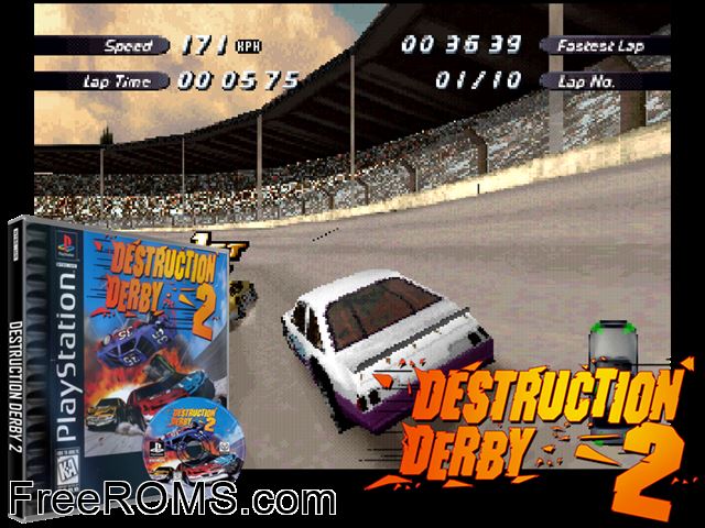 Destruction Derby 2 PSX game showing 3D box cover and gameplay screenshot