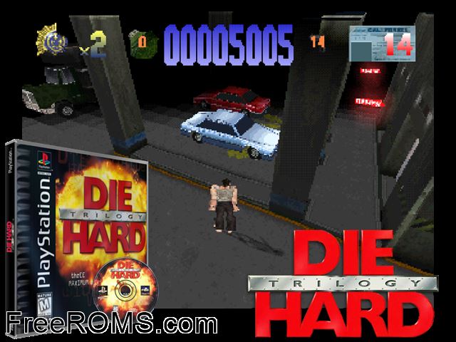 Die Hard Trilogy (v1.0) PSX game showing 3D box cover and gameplay screenshot