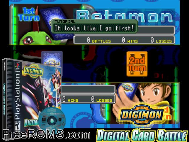 Digimon - Digital Card Battle PSX game showing 3D box cover and gameplay screenshot