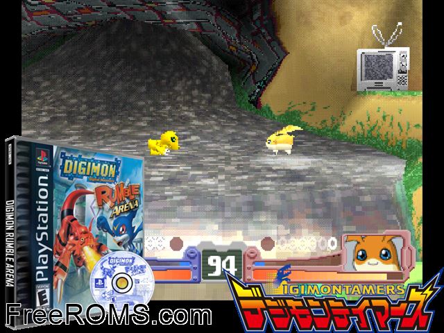 Digimon Rumble Arena PSX game showing 3D box cover and gameplay screenshot