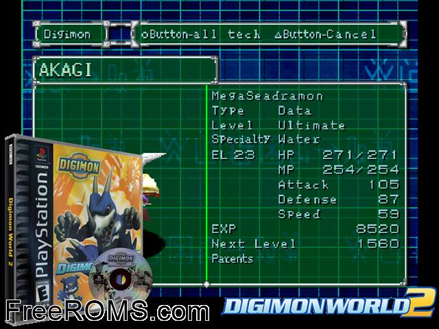 Digimon World 2 PSX game showing 3D box cover and gameplay screenshot