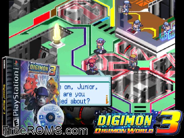 Digimon World 3 PSX game showing 3D box cover and gameplay screenshot