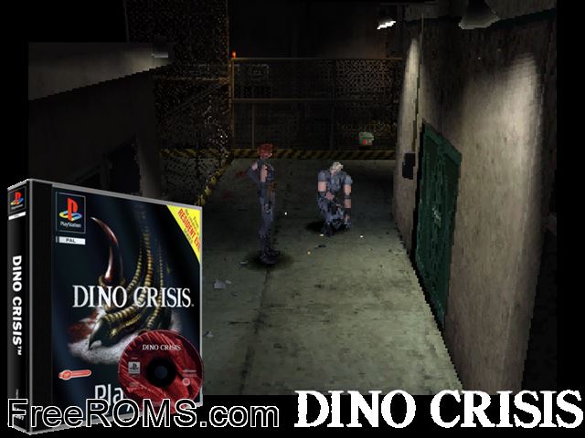 Dino Crisis (v1.0) PSX game showing 3D box cover and gameplay screenshot