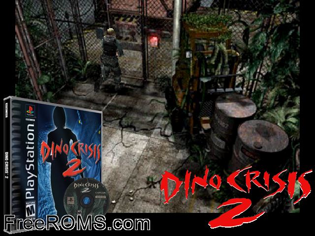 Dino Crisis 2 PSX game showing 3D box cover and gameplay screenshot