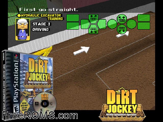 Dirt Jockey - Heavy Equipment Operator PSX game showing 3D box cover and gameplay screenshot