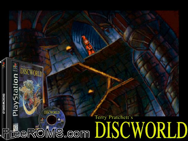 Discworld PSX game showing 3D box cover and gameplay screenshot