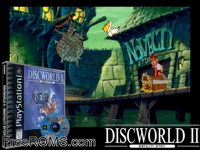 Discworld II - Mortality Bytes! PSX game showing 3D box cover and gameplay screenshot