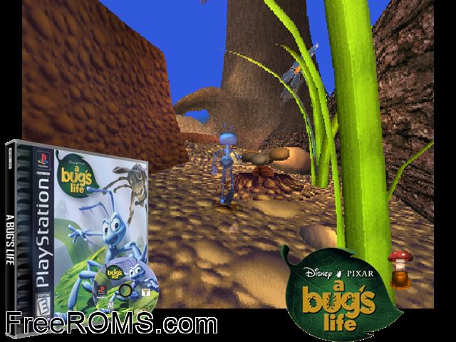 Disney-Pixars A Bugs Life PSX game showing 3D box cover and gameplay screenshot