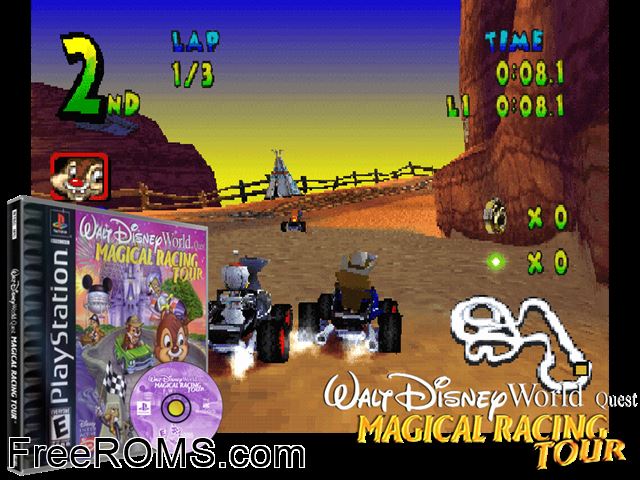 Disney World Quest - Magical Racing Tour PSX game showing 3D box cover and gameplay screenshot