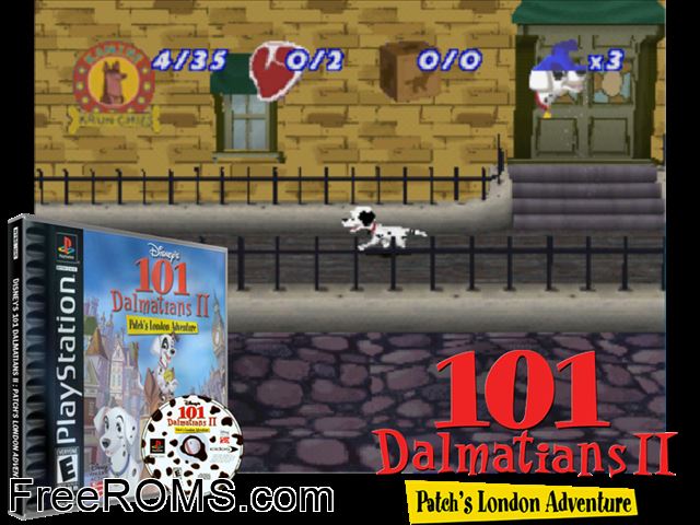 Disney's 101 Dalmations II - Patch's London Adventure PSX game showing 3D box cover and gameplay screenshot