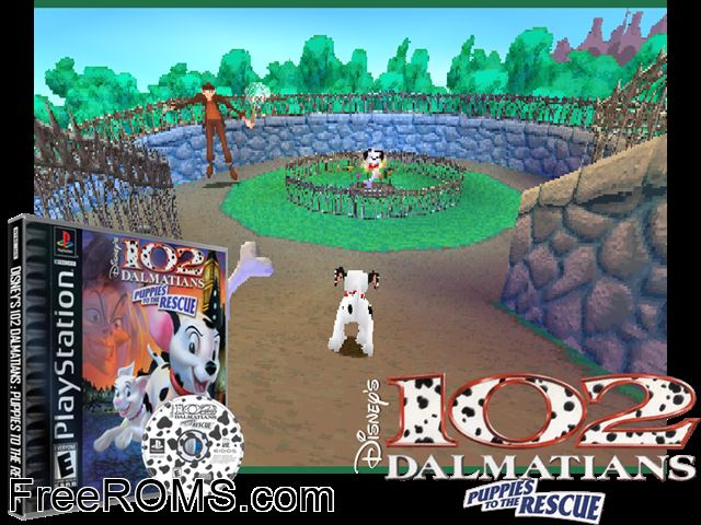 Disneys 102 Dalmatians - Puppies To The Rescue PSX game showing 3D box cover and gameplay screenshot