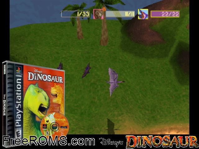 Disney's Dinosaur PSX game showing 3D box cover and gameplay screenshot