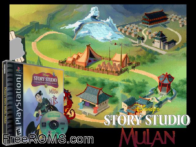 Disney's Mulan - Story Studio PSX game showing 3D box cover and gameplay screenshot