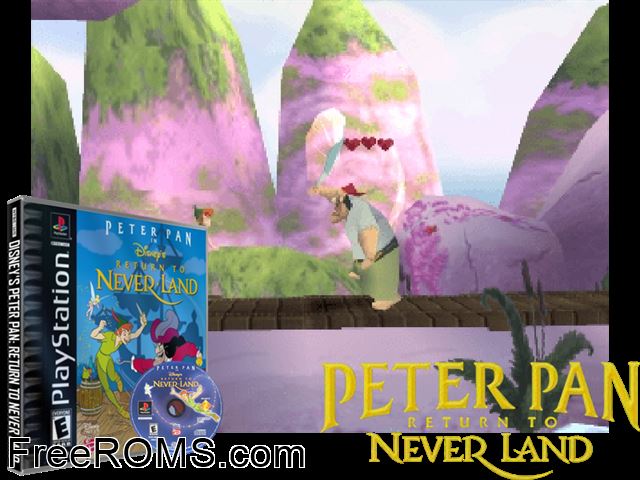 Disney's Peter Pan in Return to Neverland PSX game showing 3D box cover and gameplay screenshot