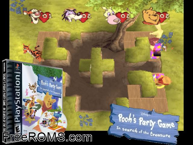 Disney's Pooh's Party Game - In Search of the Treasure PSX game showing 3D box cover and gameplay screenshot
