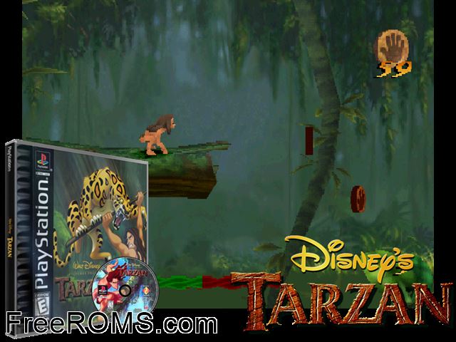 Disneys Tarzan PSX game showing 3D box cover and gameplay screenshot