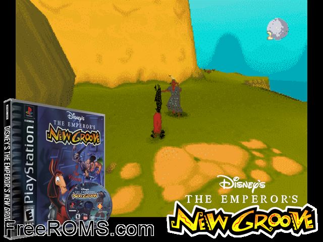 Disney's The Emperor's New Groove PSX game showing 3D box cover and gameplay screenshot