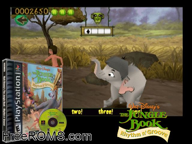 Disney's The Jungle Book - Rhythm n' Groove Party PSX game showing 3D box cover and gameplay screenshot