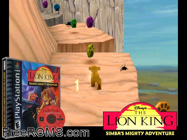 Disney's The Lion King II- Simba's Mighty Adventure PSX game showing 3D box cover and gameplay screenshot