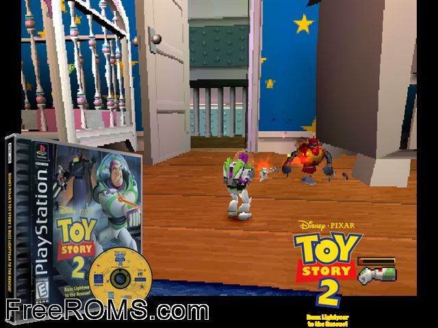Disney's Toy Story 2 - Buzz Lightyear to the Rescue PSX game showing 3D box cover and gameplay screenshot