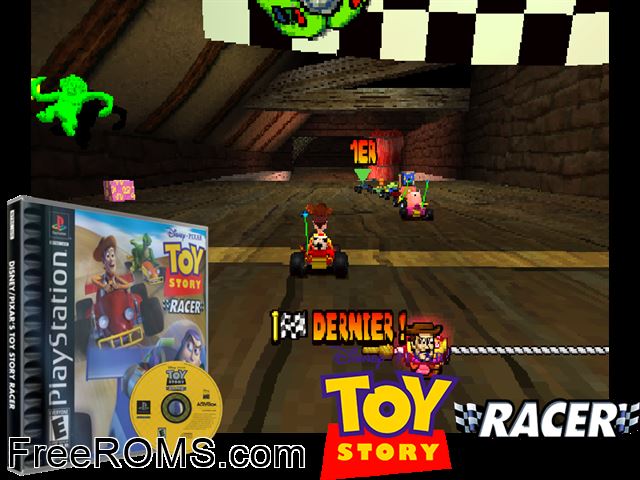 Disney's Toy Story Racer PSX game showing 3D box cover and gameplay screenshot
