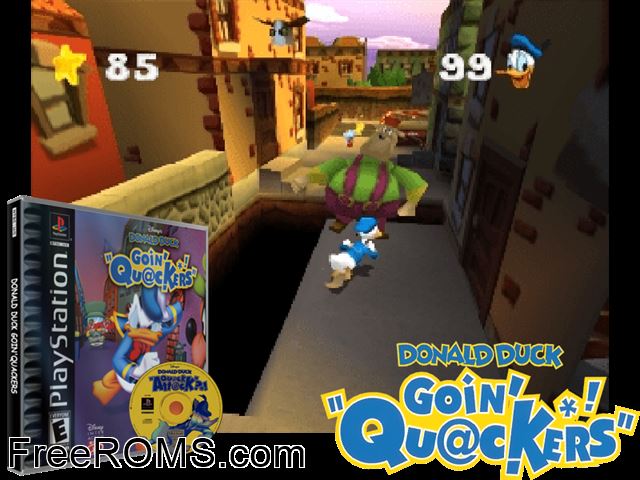 Donald Duck - Goin' Quackers PSX game showing 3D box cover and gameplay screenshot