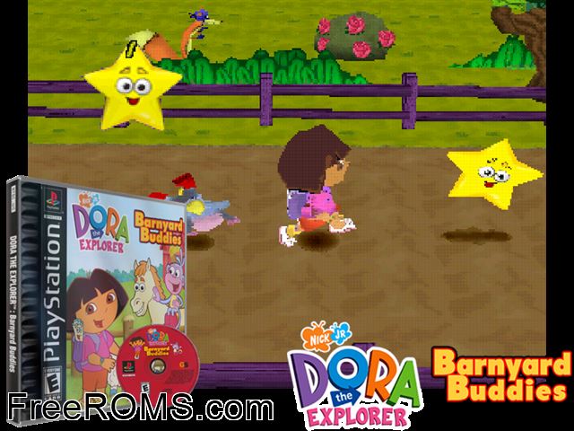 Dora the Explorer - Barnyard Buddies PSX game showing 3D box cover and gameplay screenshot