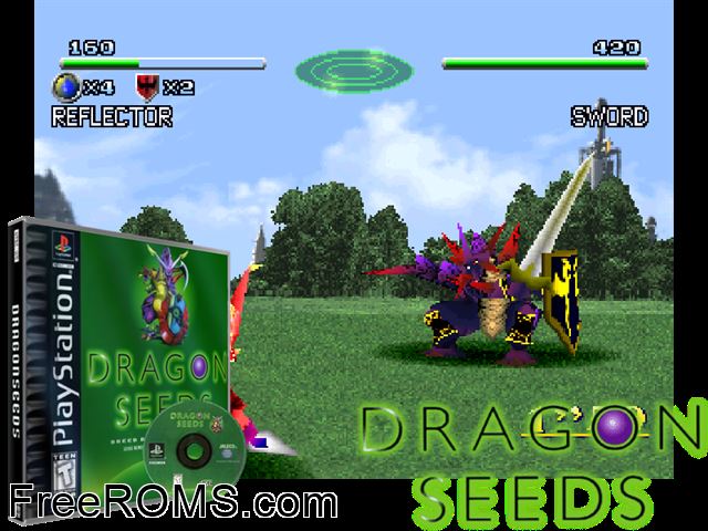 Dragon Seed PSX game showing 3D box cover and gameplay screenshot