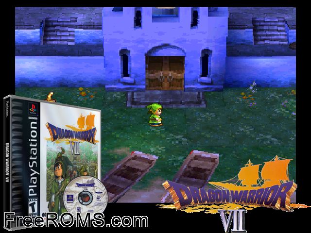 Dragon Warrior VII (Disc 1) PSX game showing 3D box cover and gameplay screenshot