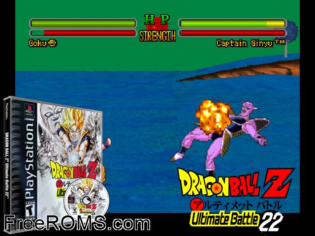 DragonBall Z - Ultimate Battle 22 PSX game showing 3D box cover and gameplay screenshot