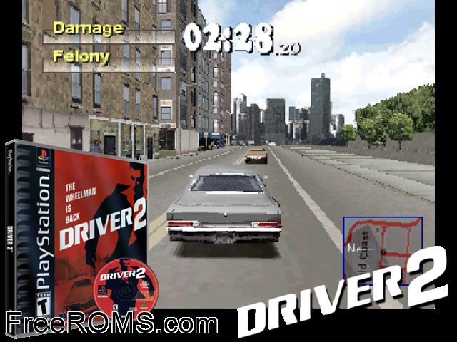 Driver 2 (v1.0) (Disc 1) PSX game showing 3D box cover and gameplay screenshot