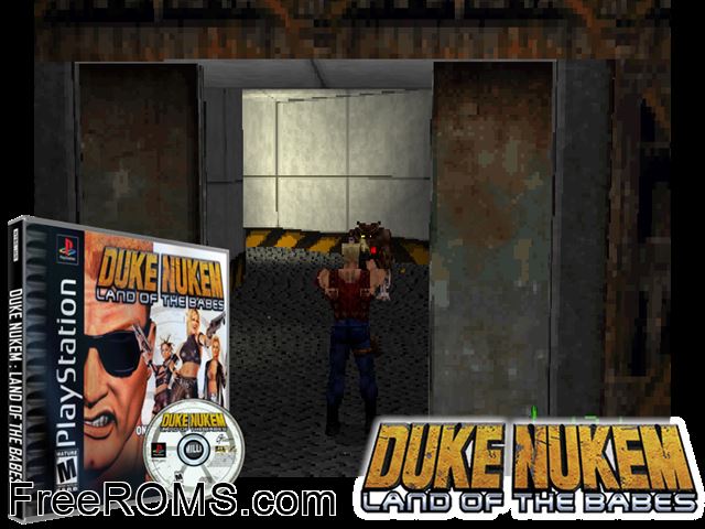 Duke Nukem - Land of the Babes PSX game showing 3D box cover and gameplay screenshot
