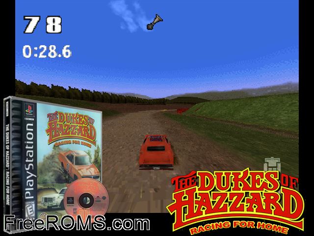 Dukes Of Hazzard, The - Racing For Home PSX game showing 3D box cover and gameplay screenshot