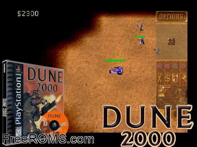 Dune 2000 PSX game showing 3D box cover and gameplay screenshot