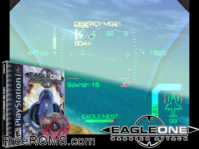 Eagle One - Harrier Attack PSX game showing 3D box cover and gameplay screenshot
