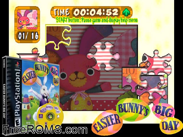 Easter Bunnys Big Day PSX game showing 3D box cover and gameplay screenshot