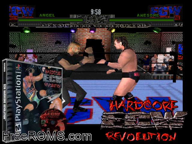 ECW Hardcore Revolution PSX game showing 3D box cover and gameplay screenshot